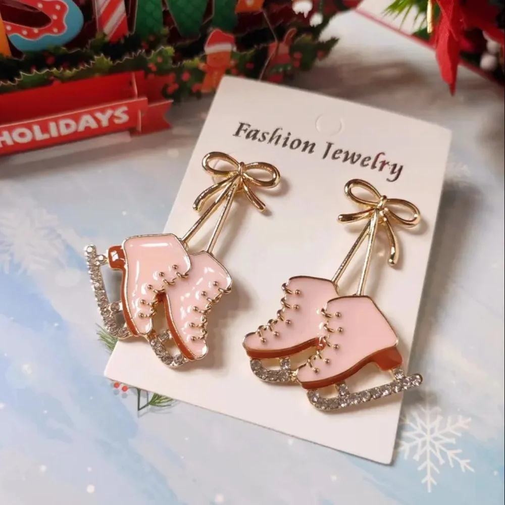 Gold Christmas Ice Skate Earrings,  Alloy Dangle Earrings, Stainless Steel, NEW